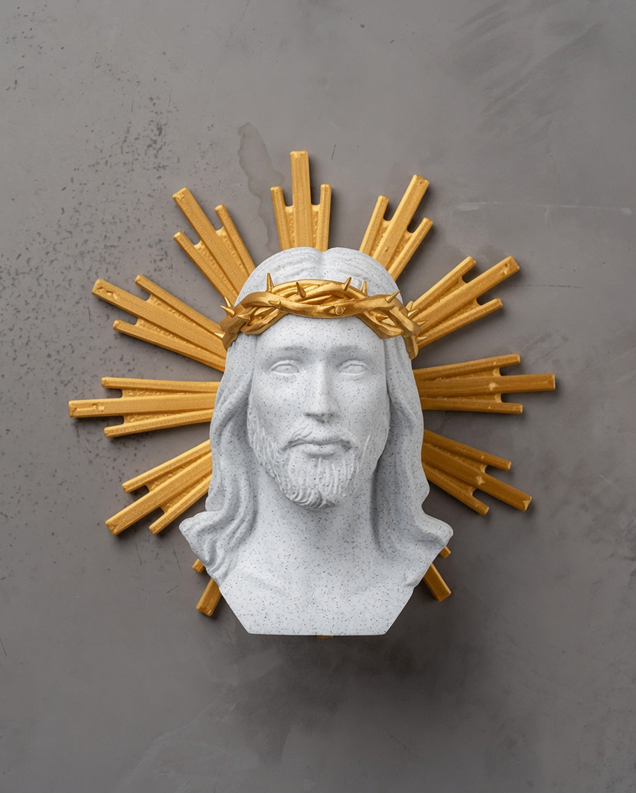 Jesus Christ Bust with Golden Crown of Thorns & Radiant Halo – Marble Finish Religious Sculpture - Pack Of 01