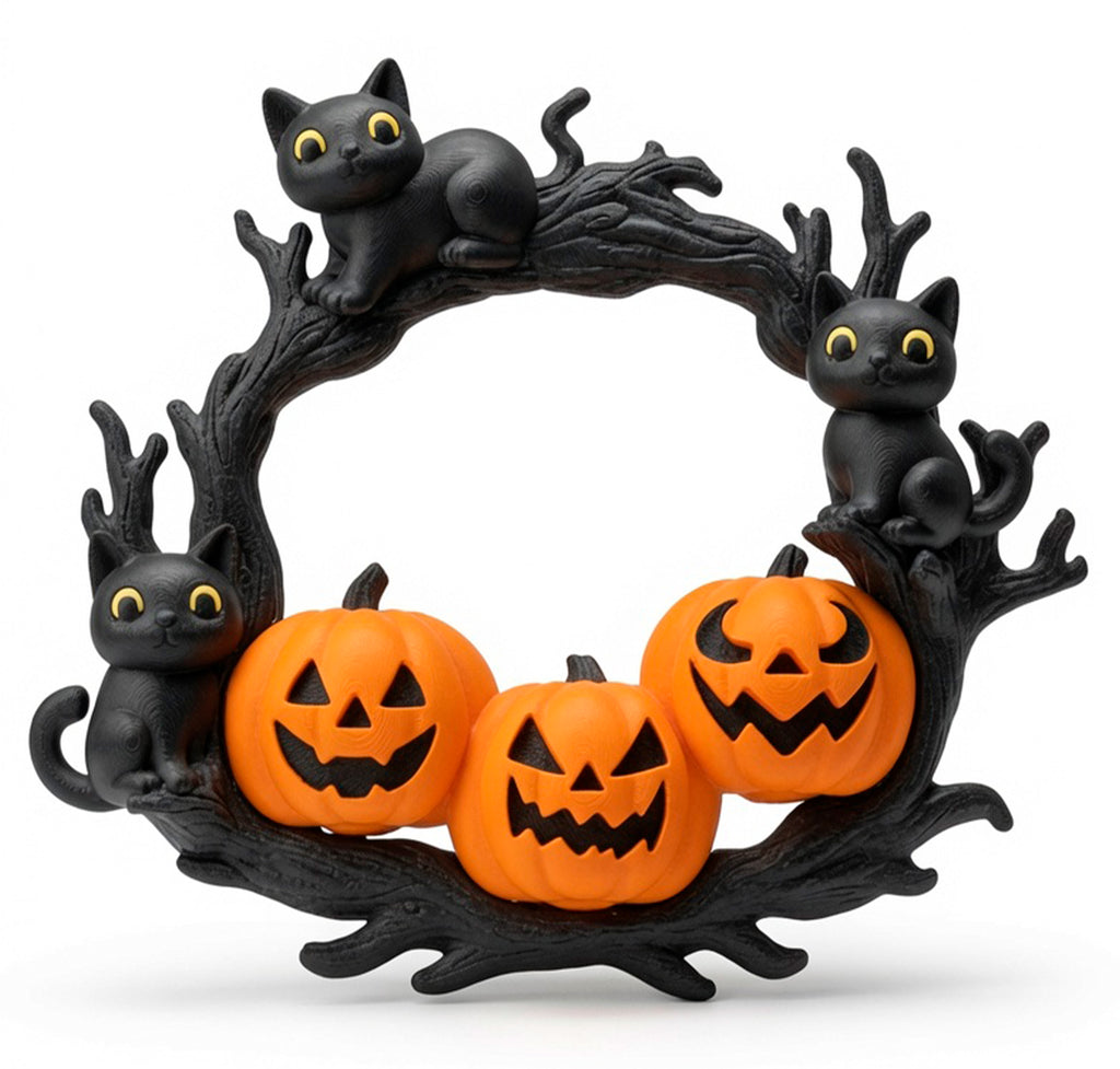 Halloween Wreath with Black Cat and Orange Pumpkin – PLA-Printed Door Decoration