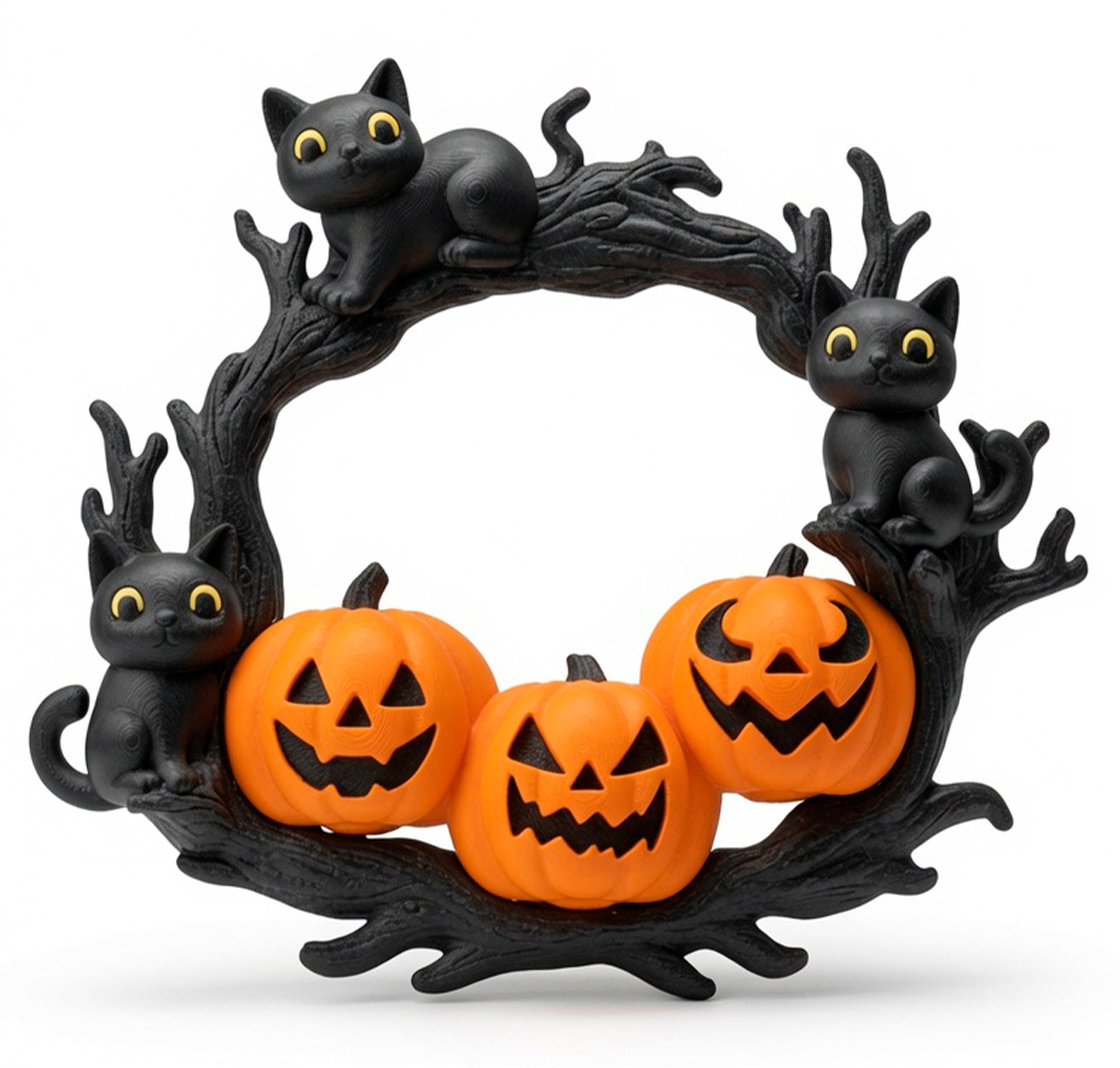 Halloween Wreath with Black Cat and Orange Pumpkin – PLA-Printed Door Decoration