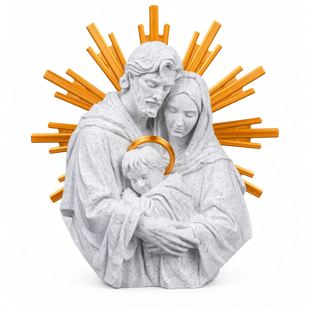 PLA-printed Holy Family statue – Figurine of Mary, Joseph, and the Baby Jesus with golden halo rays – Catholic religious decor with a marble look for home altars, churches, or Christmas gifts