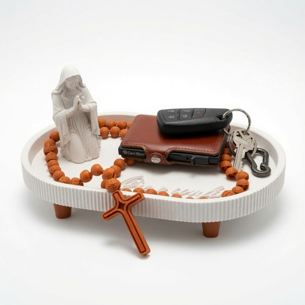 Printed Virgin Mary Rosary Set – “Ore e Confie” Prayer Tray with Kneeling Madonna, Cross & Beads | Catholic Home Decor Gift