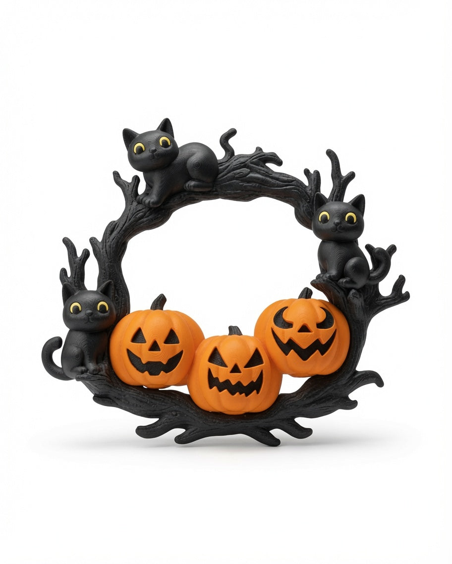 Halloween Wreath with Black Cat and Orange Pumpkin – PLA-Printed Door Decoration