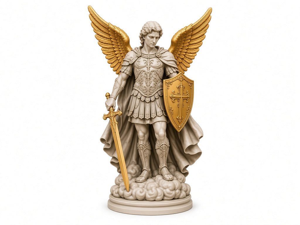 St. Michael the Archangel Statue - 3D Printed Religious Figurine with Golden Wings, Sword & Shield - Catholic Home Altar Decor (6 inch)