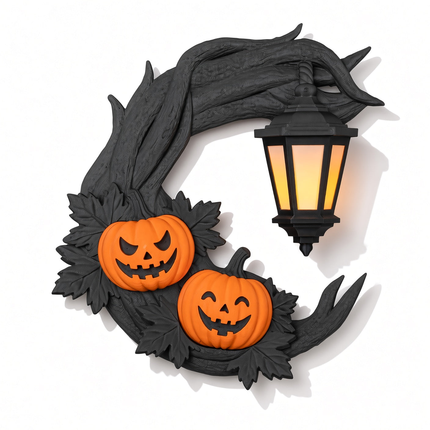 Light-Up Halloween Door Wreath – Twisted Black Branch, Dual Jack-O’-Lanterns & Battery Lantern