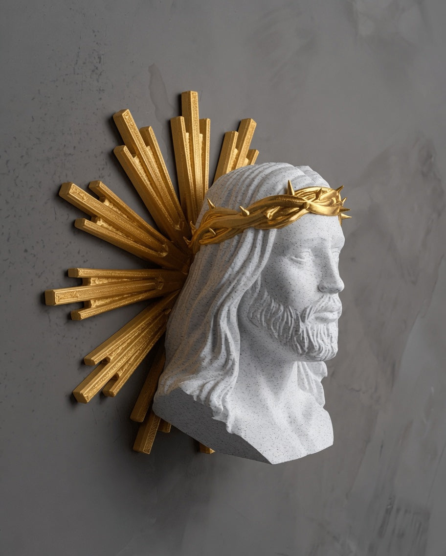 Jesus Christ Bust with Golden Crown of Thorns & Radiant Halo – Marble Finish Religious Sculpture - Pack Of 01