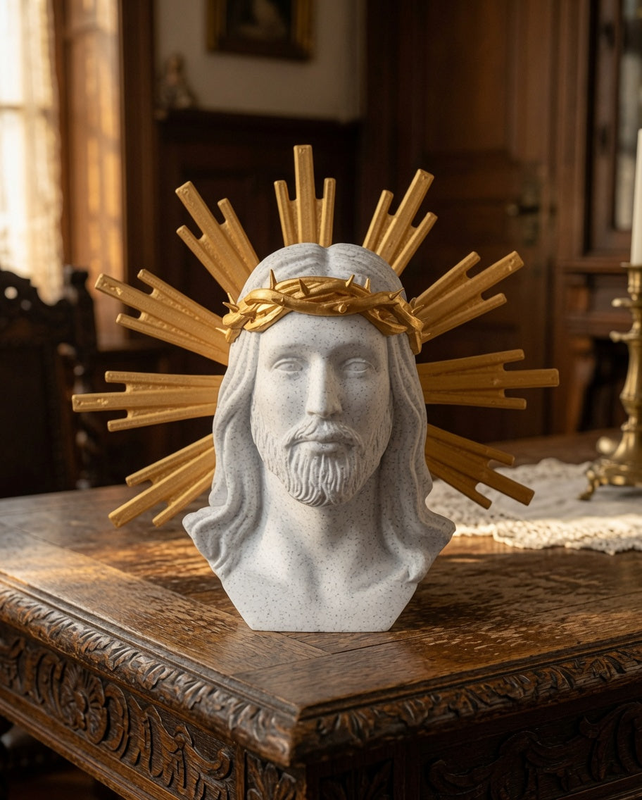 Jesus Christ Bust with Golden Crown of Thorns & Radiant Halo – Marble Finish Religious Sculpture - Pack Of 01