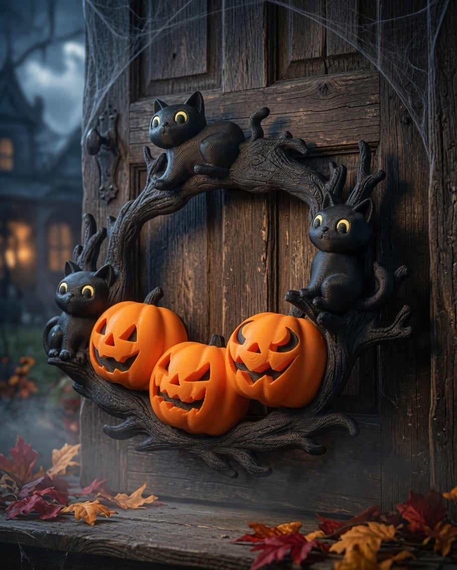 Halloween Wreath with Black Cat and Orange Pumpkin – PLA-Printed Door Decoration