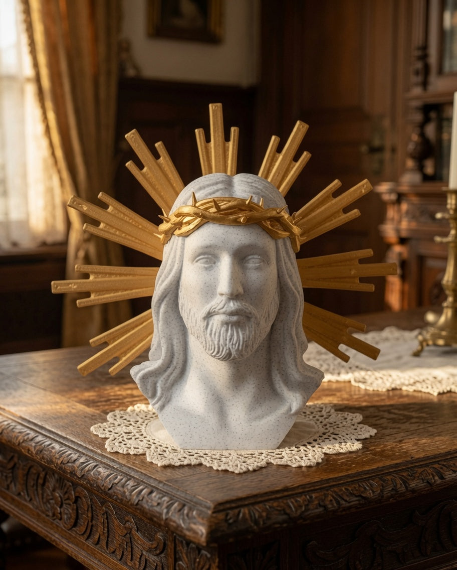 Jesus Christ Bust with Golden Crown of Thorns & Radiant Halo – Marble Finish Religious Sculpture - Pack Of 01