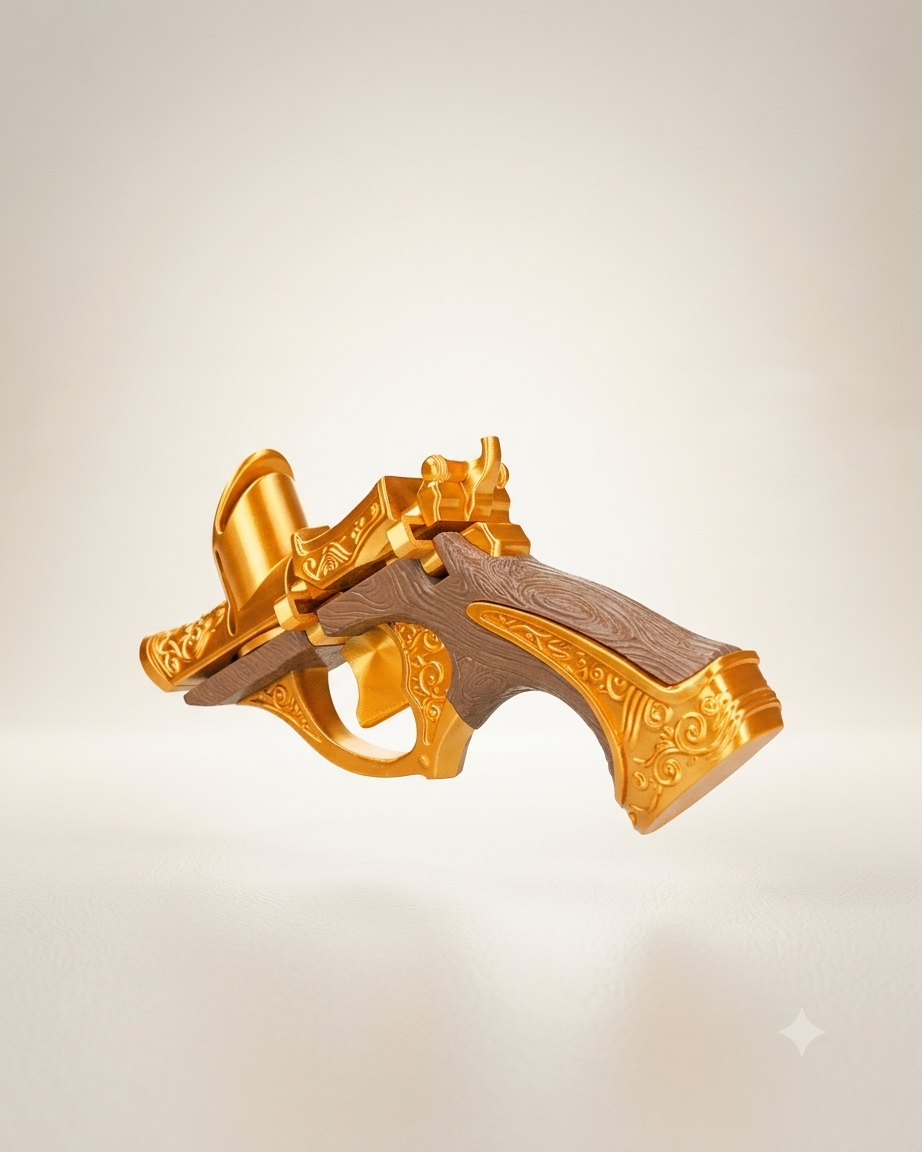 Printed Coin-Shooting Pistol – PLA Plastic Disc-Shooting Toy for Kids and Adults – Fun Accessory for Family Games (Ornate Gold Design)