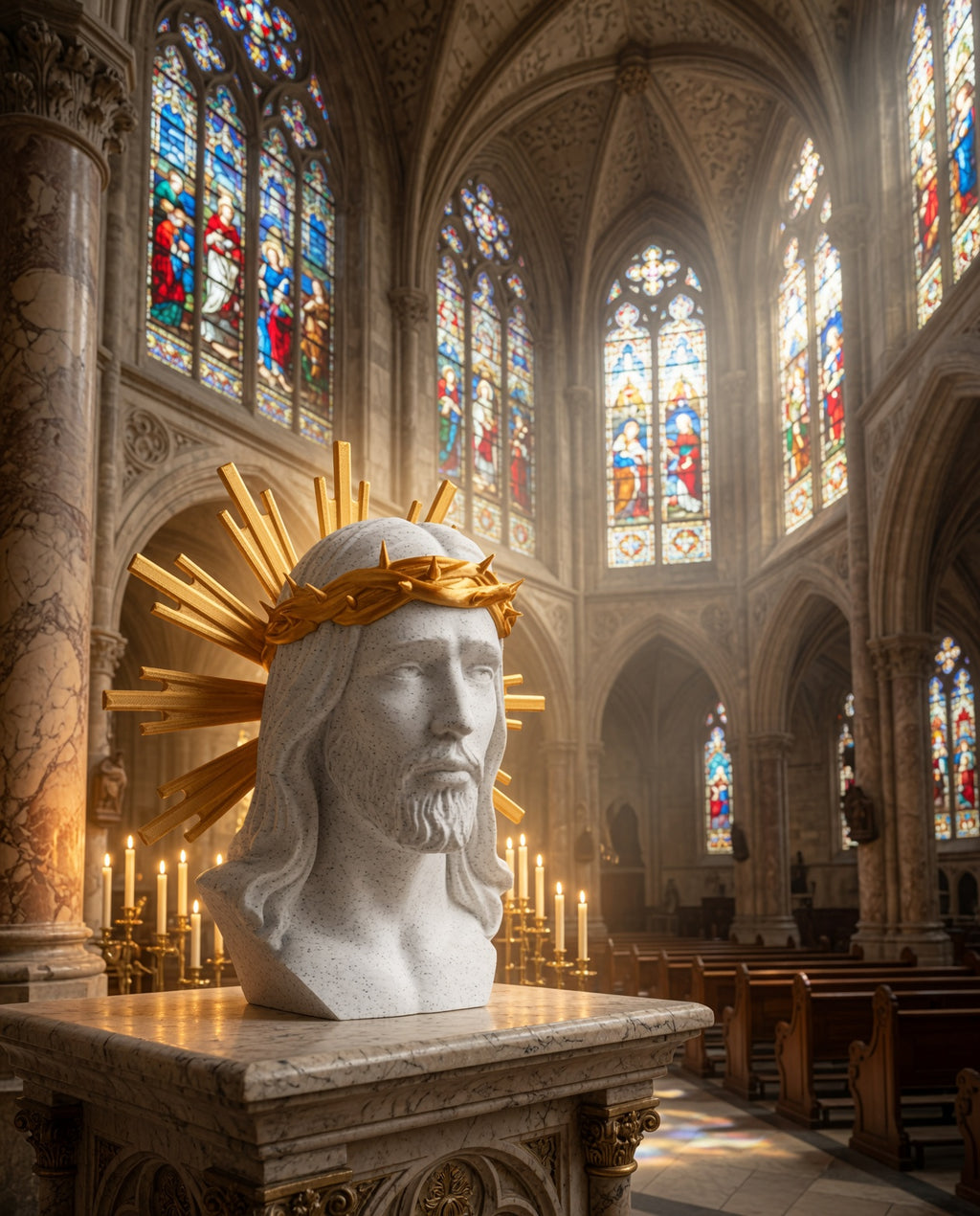 Jesus Christ Bust with Golden Crown of Thorns & Radiant Halo – Marble Finish Religious Sculpture - Pack Of 01