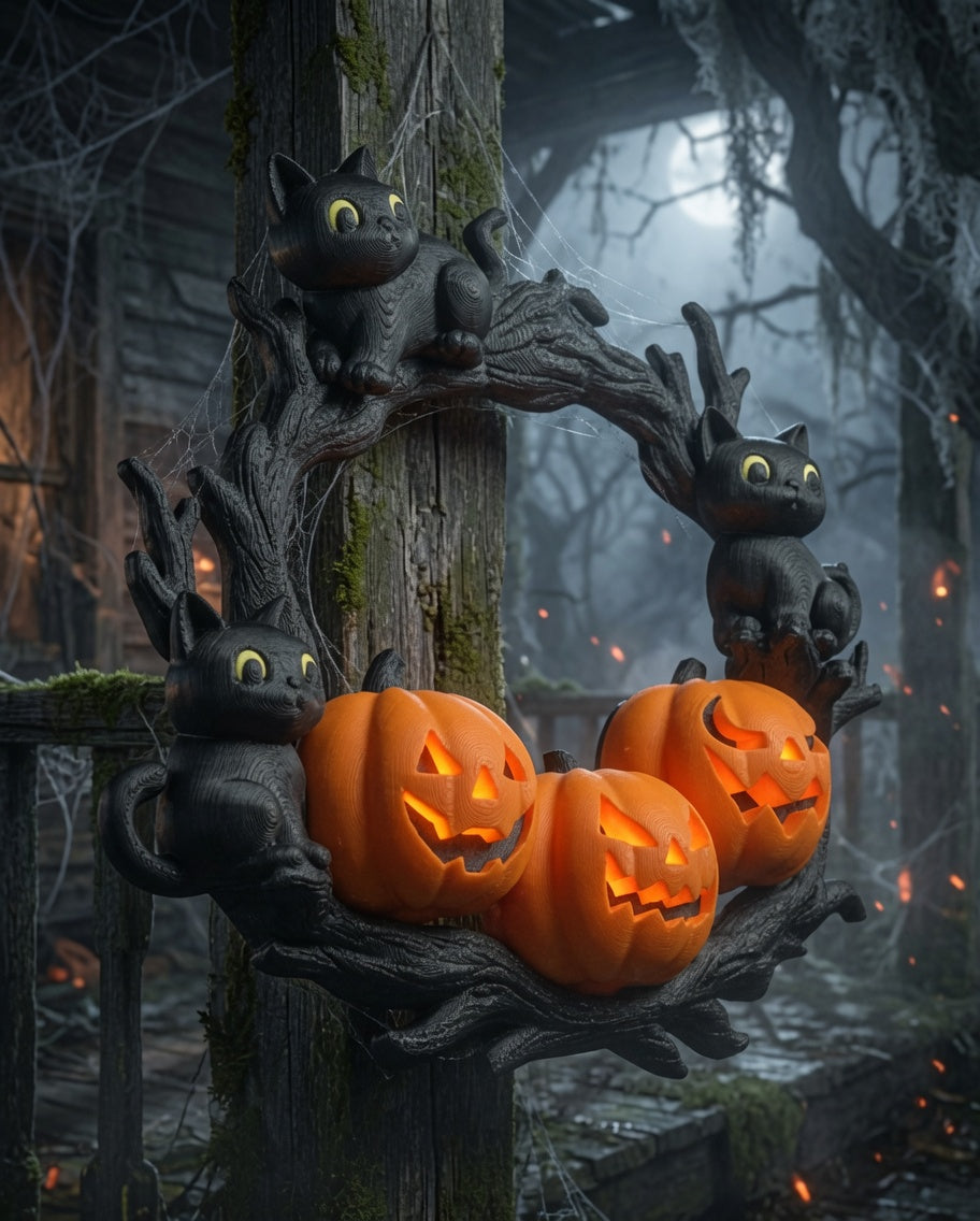 Halloween Wreath with Black Cat and Orange Pumpkin – PLA-Printed Door Decoration