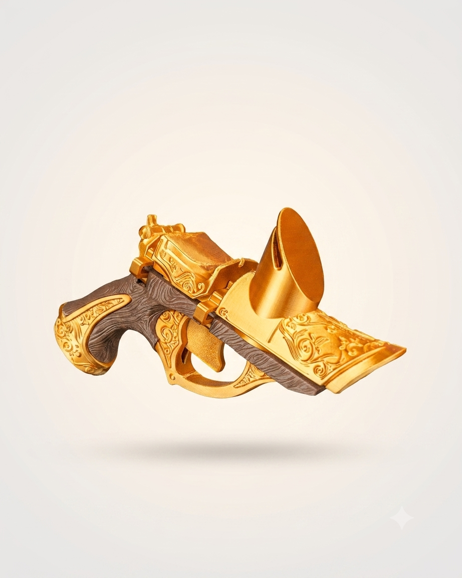 Printed Coin-Shooting Pistol – PLA Plastic Disc-Shooting Toy for Kids and Adults – Fun Accessory for Family Games (Ornate Gold Design)