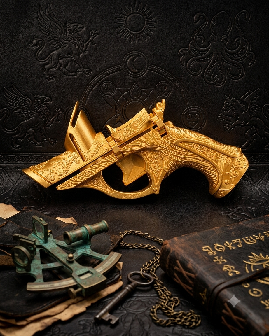 Printed Coin-Shooting Pistol – PLA Plastic Disc-Shooting Toy for Kids and Adults – Fun Accessory for Family Games (Ornate Gold Design)