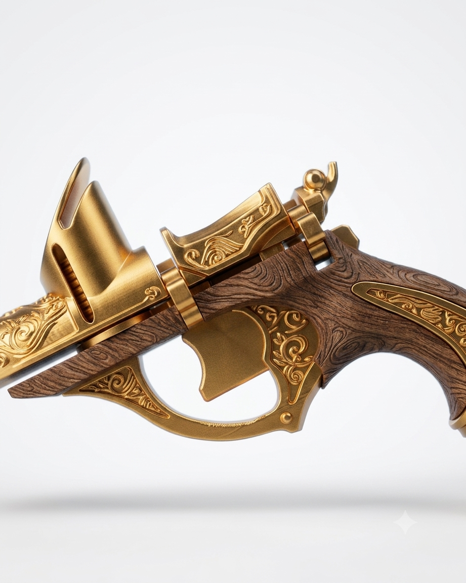 Printed Coin-Shooting Pistol – PLA Plastic Disc-Shooting Toy for Kids and Adults – Fun Accessory for Family Games (Ornate Gold Design)