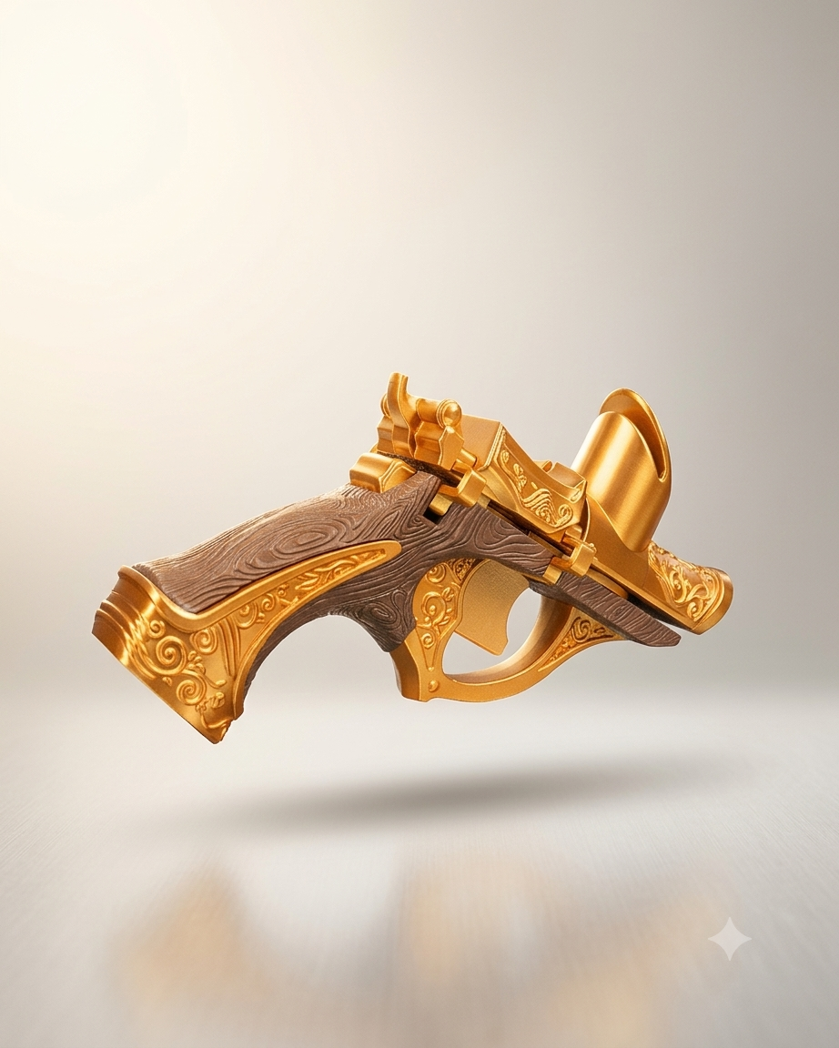 Printed Coin-Shooting Pistol – PLA Plastic Disc-Shooting Toy for Kids and Adults – Fun Accessory for Family Games (Ornate Gold Design)