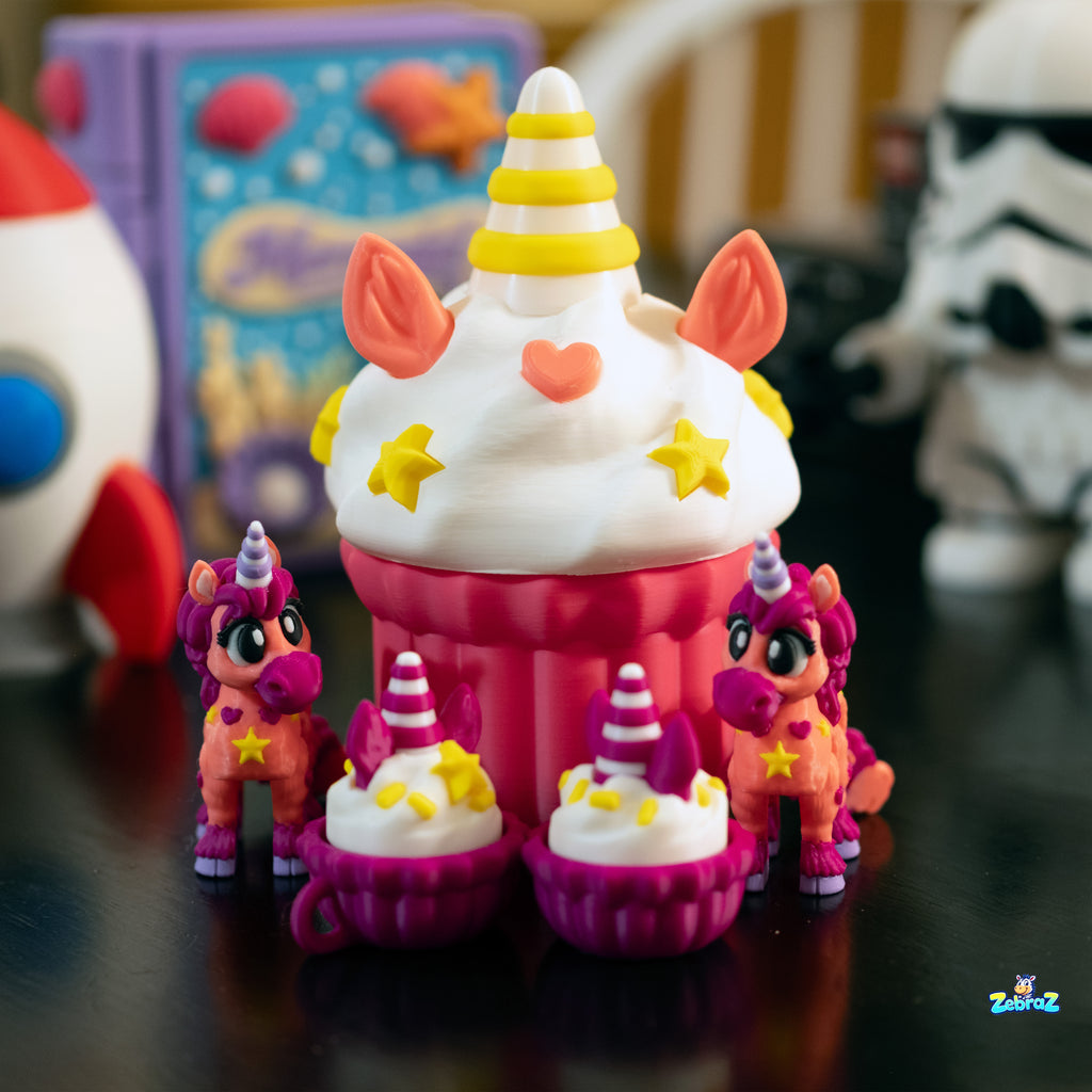 Unicorn Cupcake Surprise - 3D Printed Playset with Unicorns & Click-Click Toy