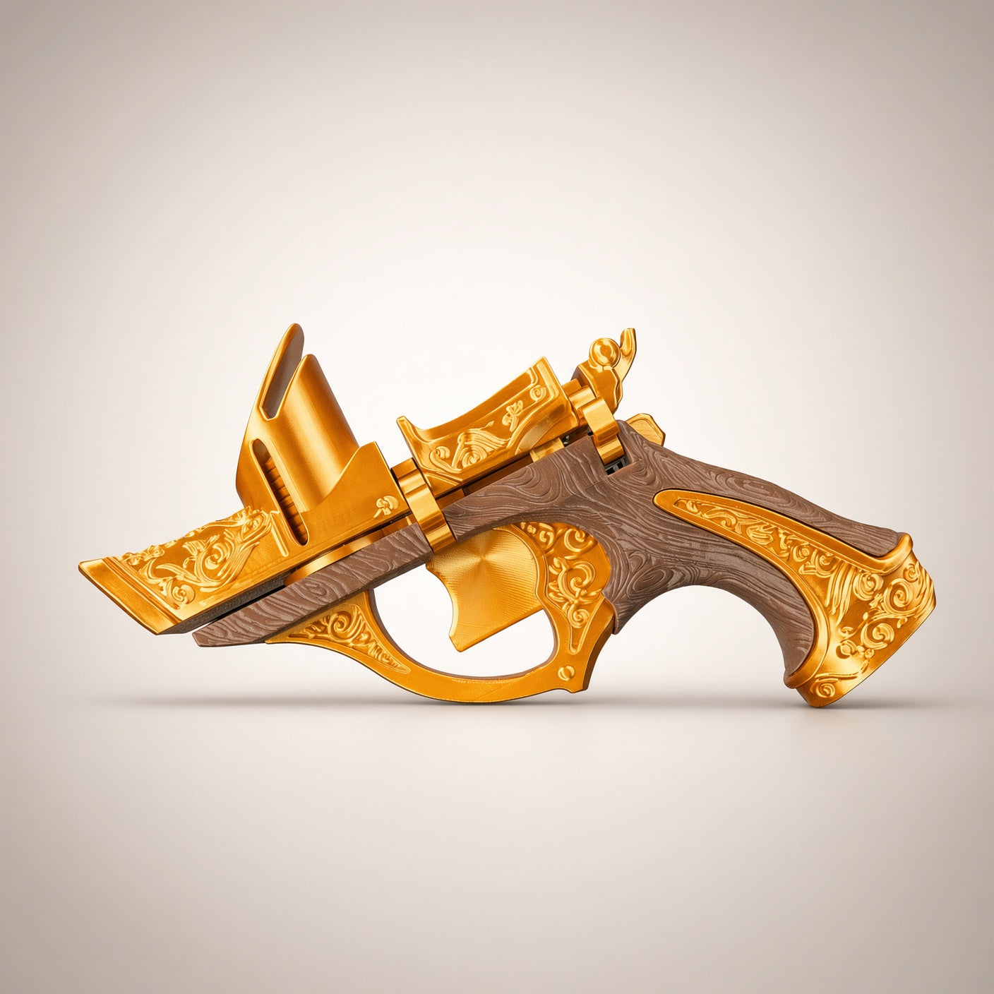 Printed Coin-Shooting Pistol – PLA Plastic Disc-Shooting Toy for Kids and Adults – Fun Accessory for Family Games (Ornate Gold Design)