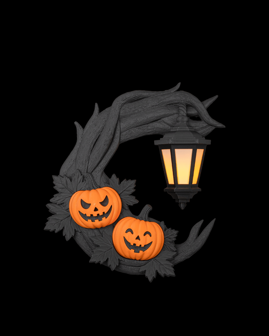 Light-Up Halloween Door Wreath – Twisted Black Branch, Dual Jack-O’-Lanterns & Battery Lantern