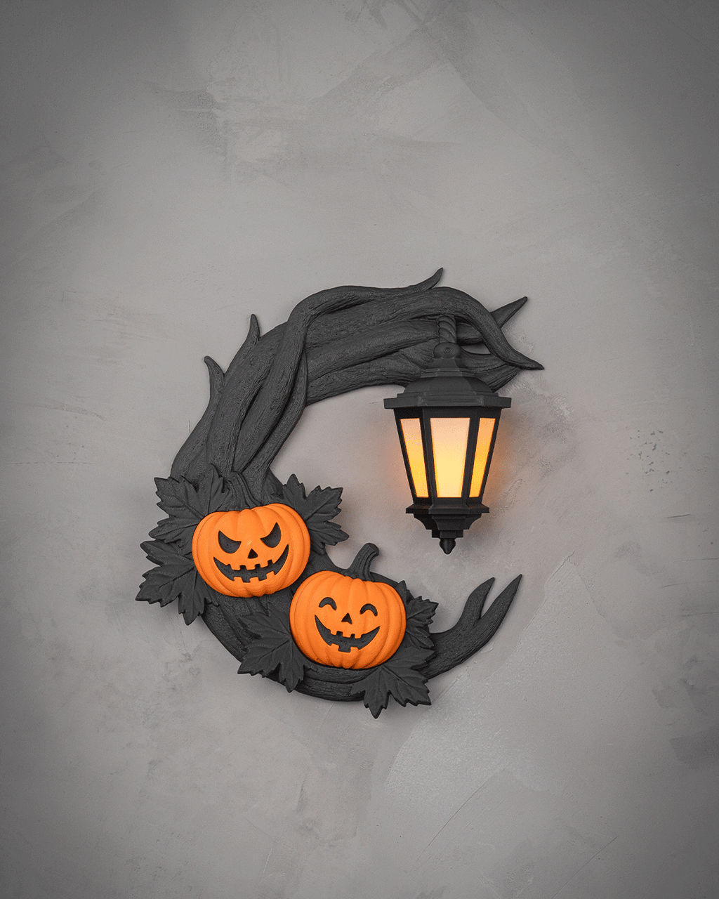 Light-Up Halloween Door Wreath – Twisted Black Branch, Dual Jack-O’-Lanterns & Battery Lantern