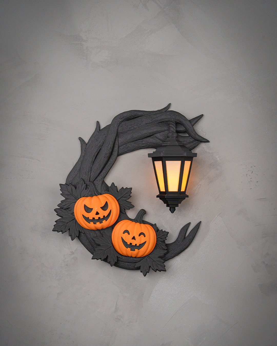 Light-Up Halloween Door Wreath – Twisted Black Branch, Dual Jack-O’-Lanterns & Battery Lantern