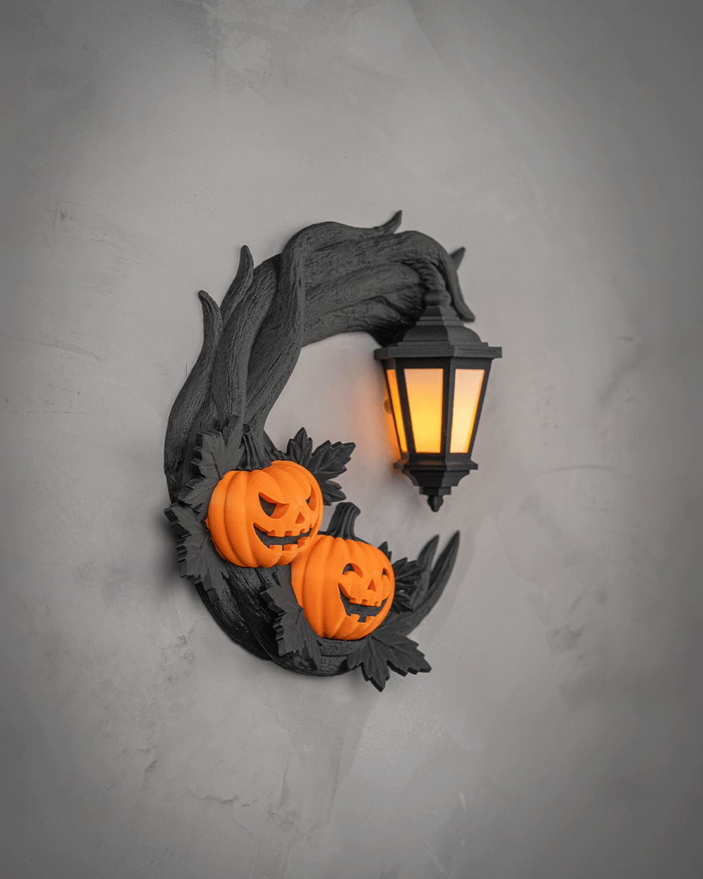 Light-Up Halloween Door Wreath – Twisted Black Branch, Dual Jack-O’-Lanterns & Battery Lantern