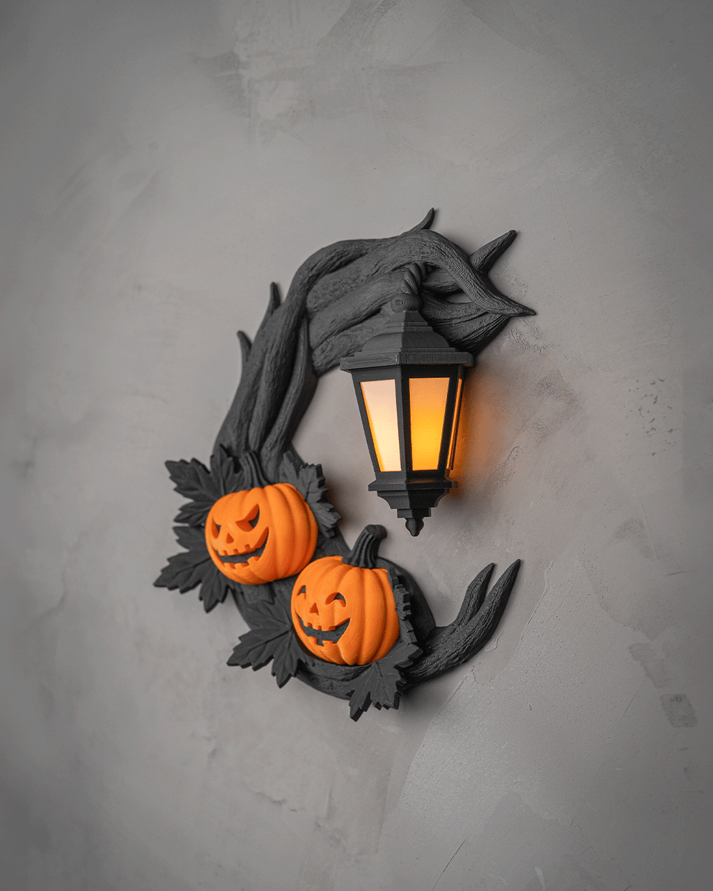Light-Up Halloween Door Wreath – Twisted Black Branch, Dual Jack-O’-Lanterns & Battery Lantern