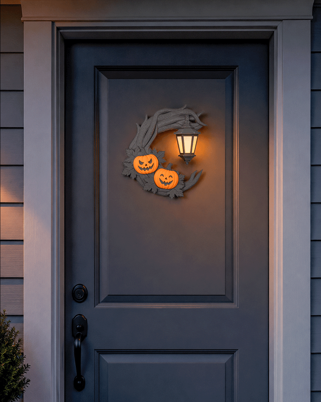 Light-Up Halloween Door Wreath – Twisted Black Branch, Dual Jack-O’-Lanterns & Battery Lantern