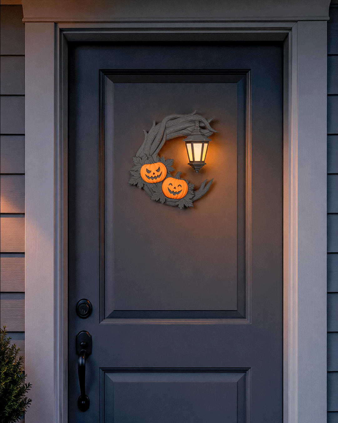 Light-Up Halloween Door Wreath – Twisted Black Branch, Dual Jack-O’-Lanterns & Battery Lantern