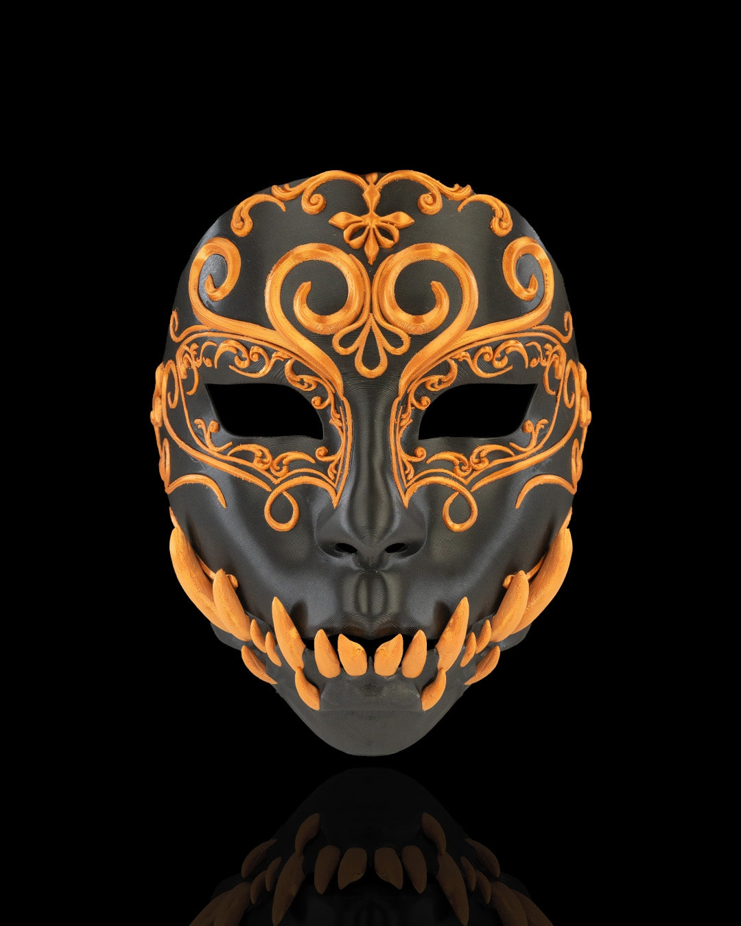 Printed Opulent Masquerade Halloween Mask - Black & Gold Gothic Full Face Mask with Fangs for Adults Costume Cosplay