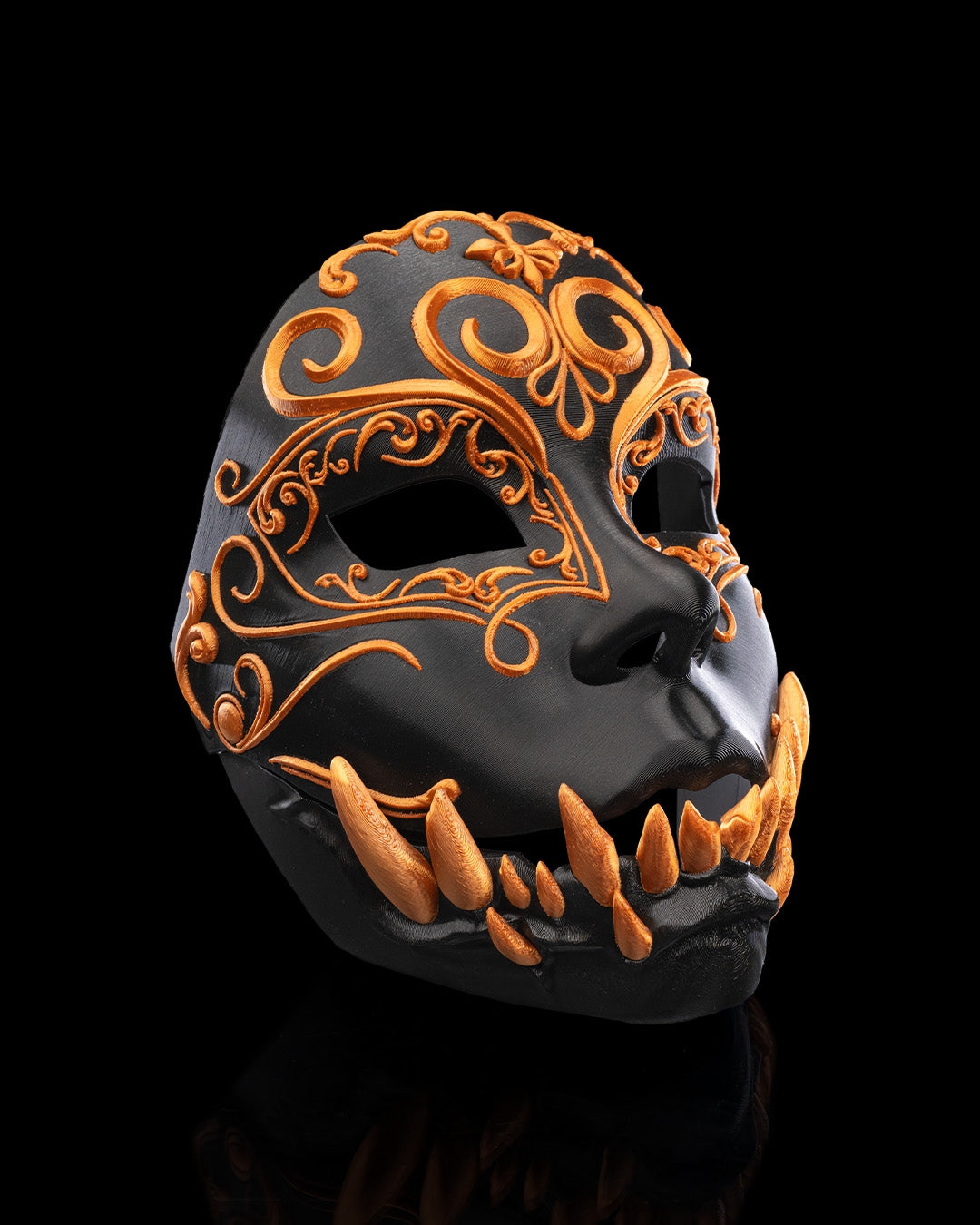 Printed Opulent Masquerade Halloween Mask - Black & Gold Gothic Full Face Mask with Fangs for Adults Costume Cosplay