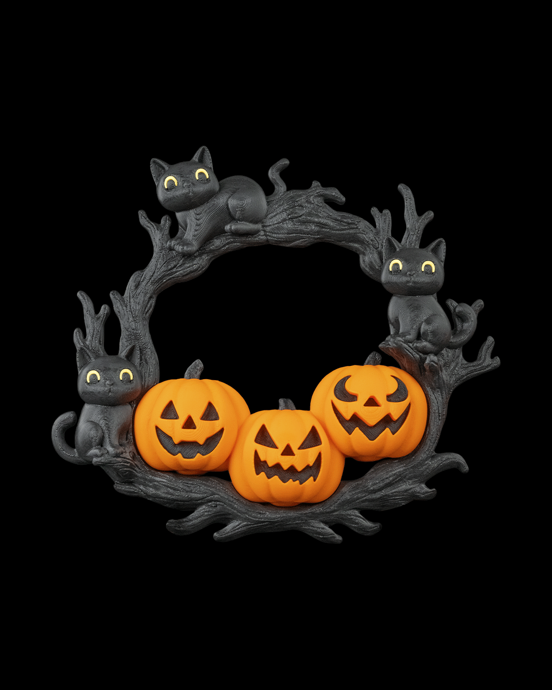Halloween Wreath with Black Cat and Orange Pumpkin – PLA-Printed Door Decoration