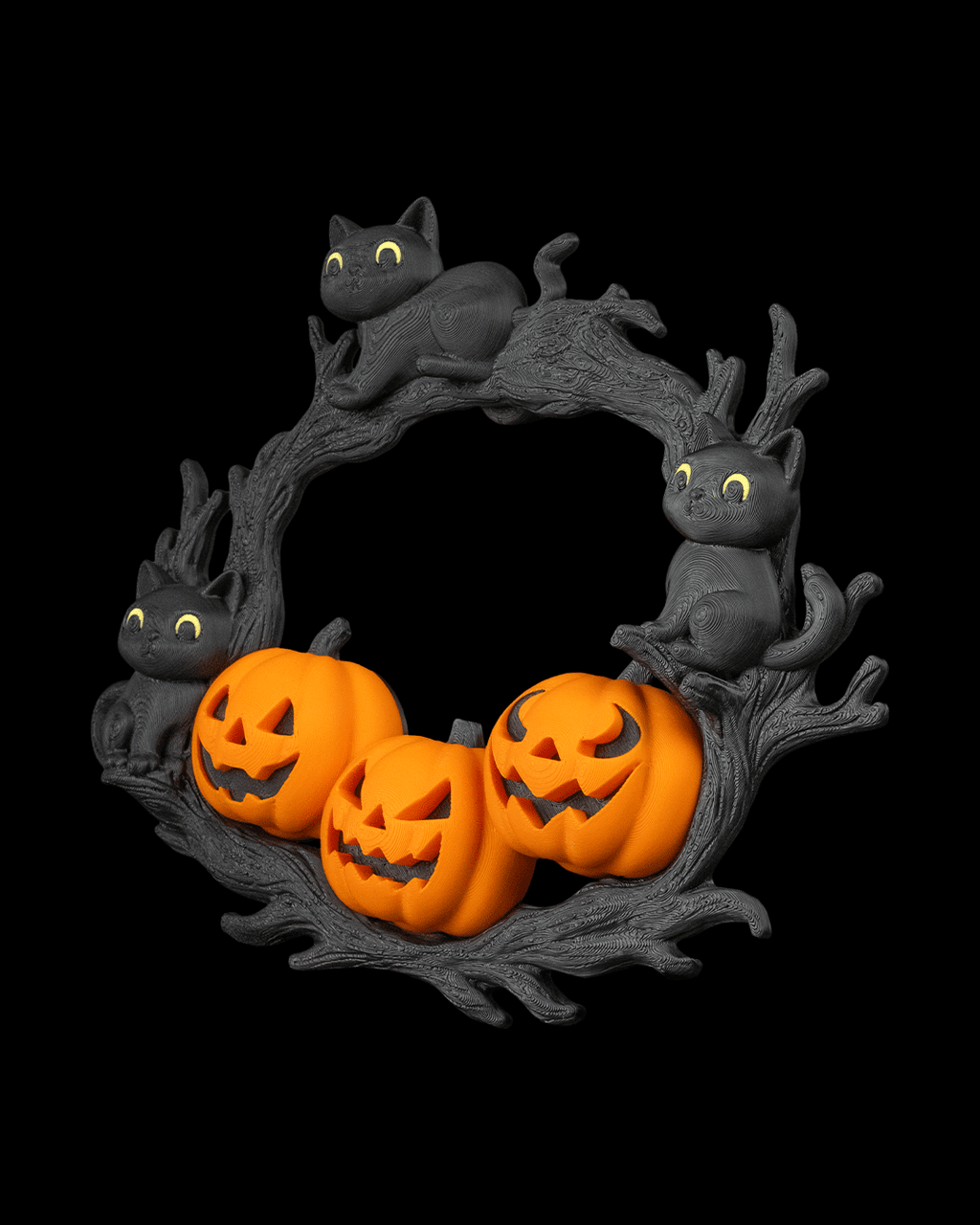 Halloween Wreath with Black Cat and Orange Pumpkin – PLA-Printed Door Decoration