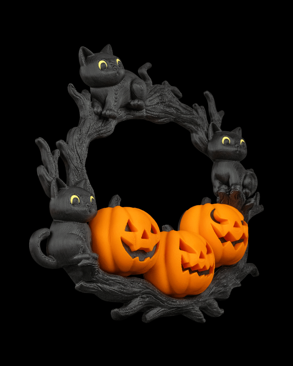 Halloween Wreath with Black Cat and Orange Pumpkin – PLA-Printed Door Decoration