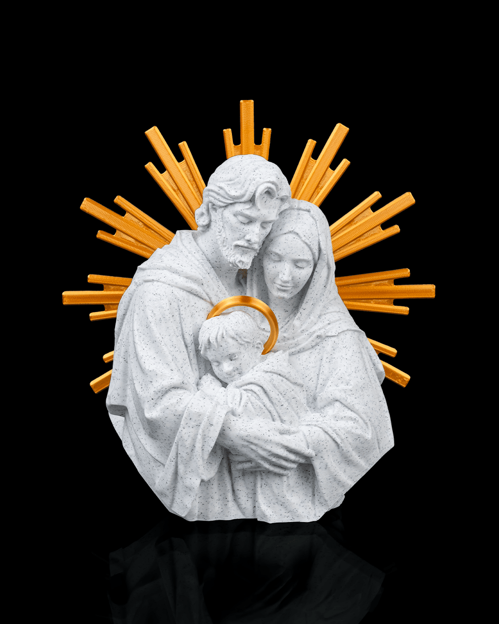 PLA-printed Holy Family statue – Figurine of Mary, Joseph, and the Baby Jesus with golden halo rays – Catholic religious decor with a marble look for home altars, churches, or Christmas gifts