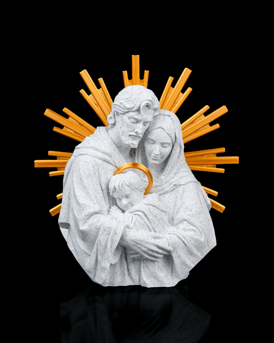 PLA-printed Holy Family statue – Figurine of Mary, Joseph, and the Baby Jesus with golden halo rays – Catholic religious decor with a marble look for home altars, churches, or Christmas gifts