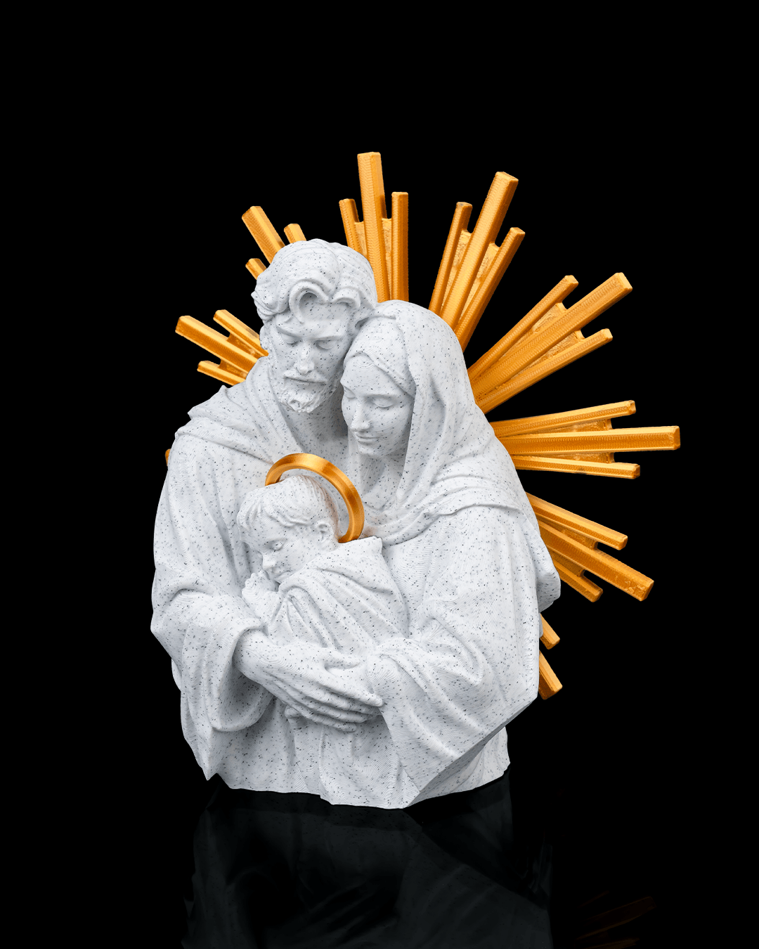 PLA-printed Holy Family statue – Figurine of Mary, Joseph, and the Baby Jesus with golden halo rays – Catholic religious decor with a marble look for home altars, churches, or Christmas gifts