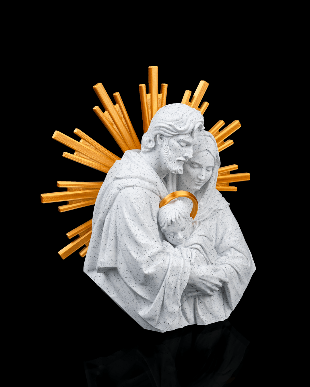 PLA-printed Holy Family statue – Figurine of Mary, Joseph, and the Baby Jesus with golden halo rays – Catholic religious decor with a marble look for home altars, churches, or Christmas gifts