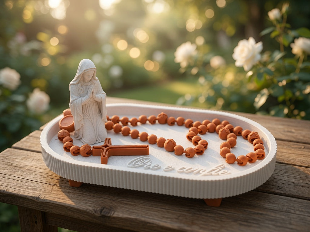 Printed Virgin Mary Rosary Set – “Ore e Confie” Prayer Tray with Kneeling Madonna, Cross & Beads | Catholic Home Decor Gift