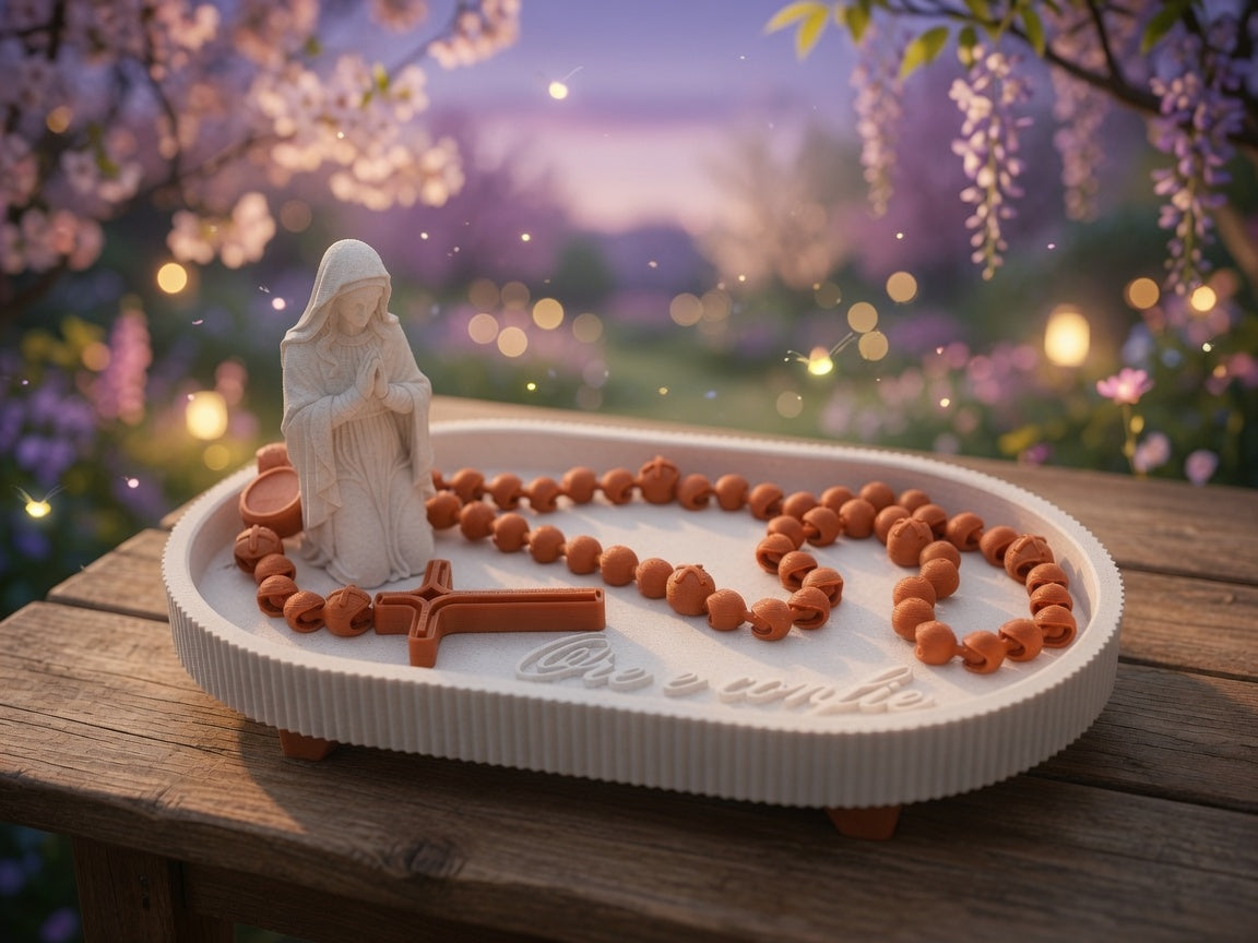 Printed Virgin Mary Rosary Set – “Ore e Confie” Prayer Tray with Kneeling Madonna, Cross & Beads | Catholic Home Decor Gift