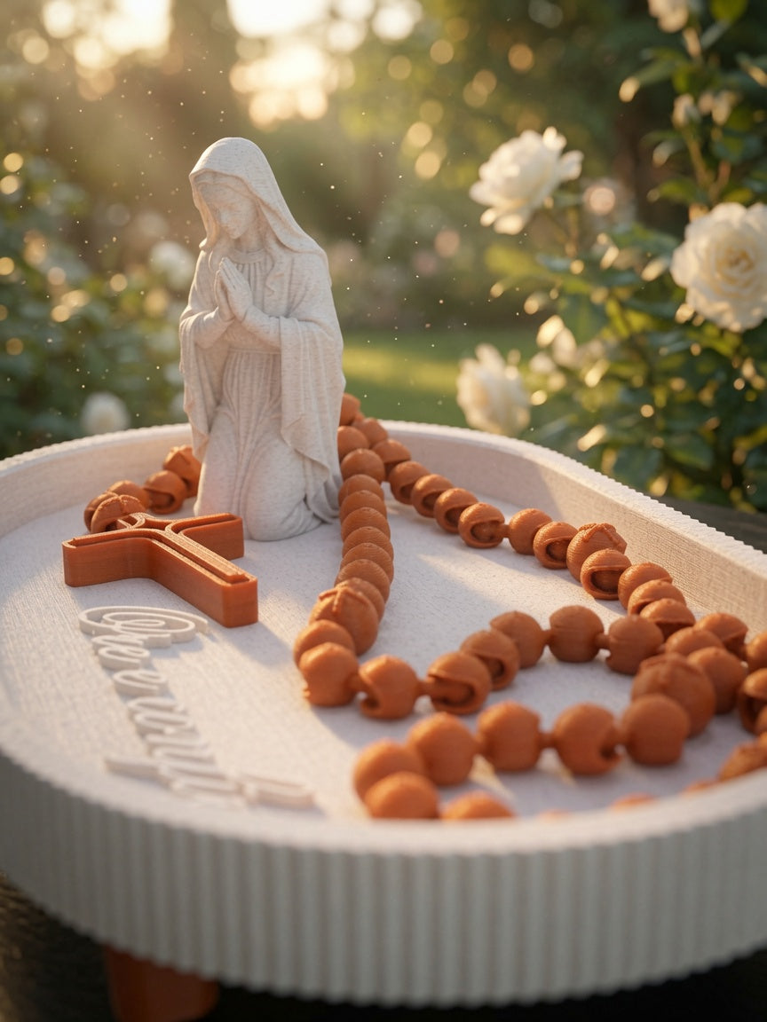Printed Virgin Mary Rosary Set – “Ore e Confie” Prayer Tray with Kneeling Madonna, Cross & Beads | Catholic Home Decor Gift