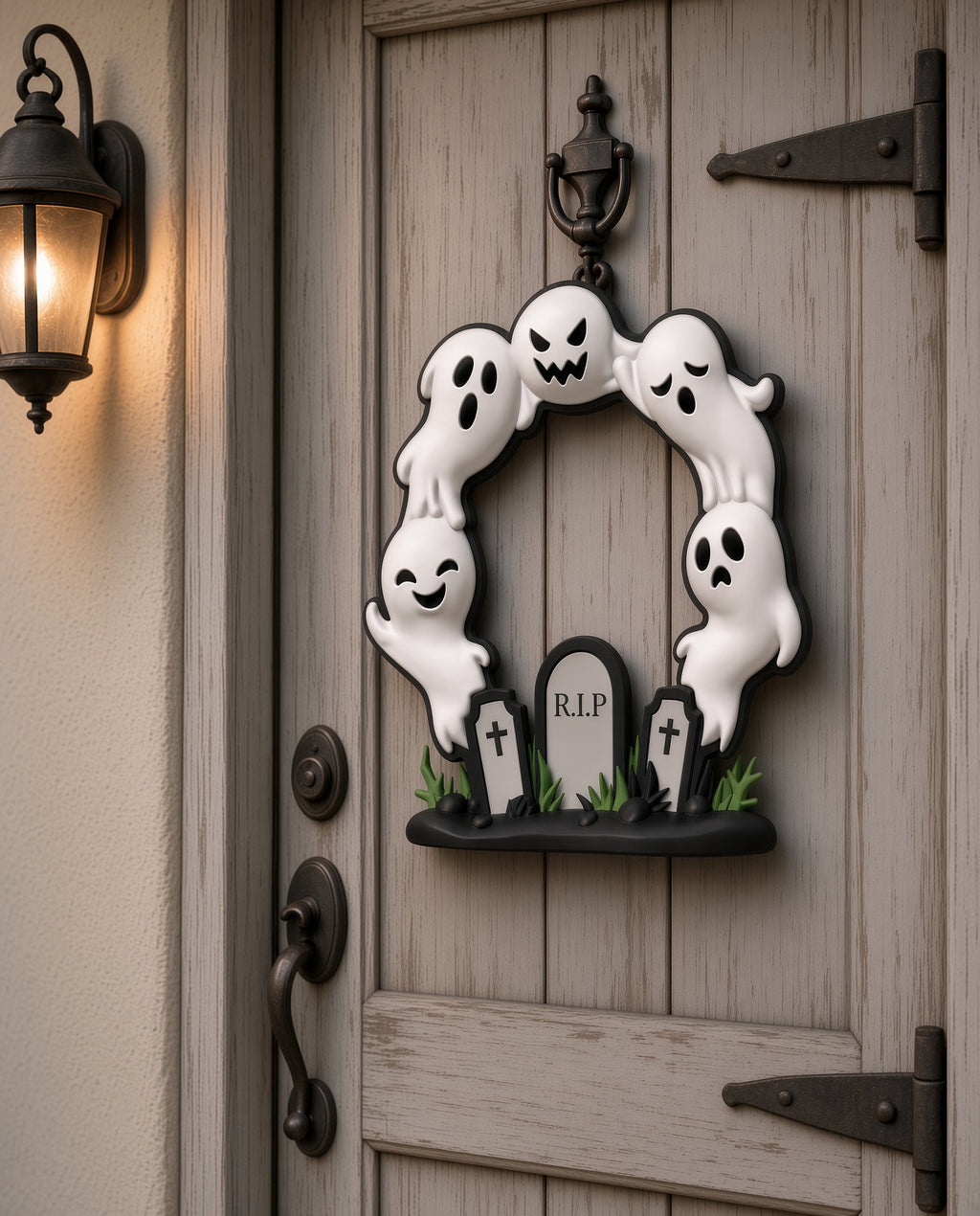 Cute Halloween Ghost Door Wreath – RIP Graveyard with 5 Ghosts