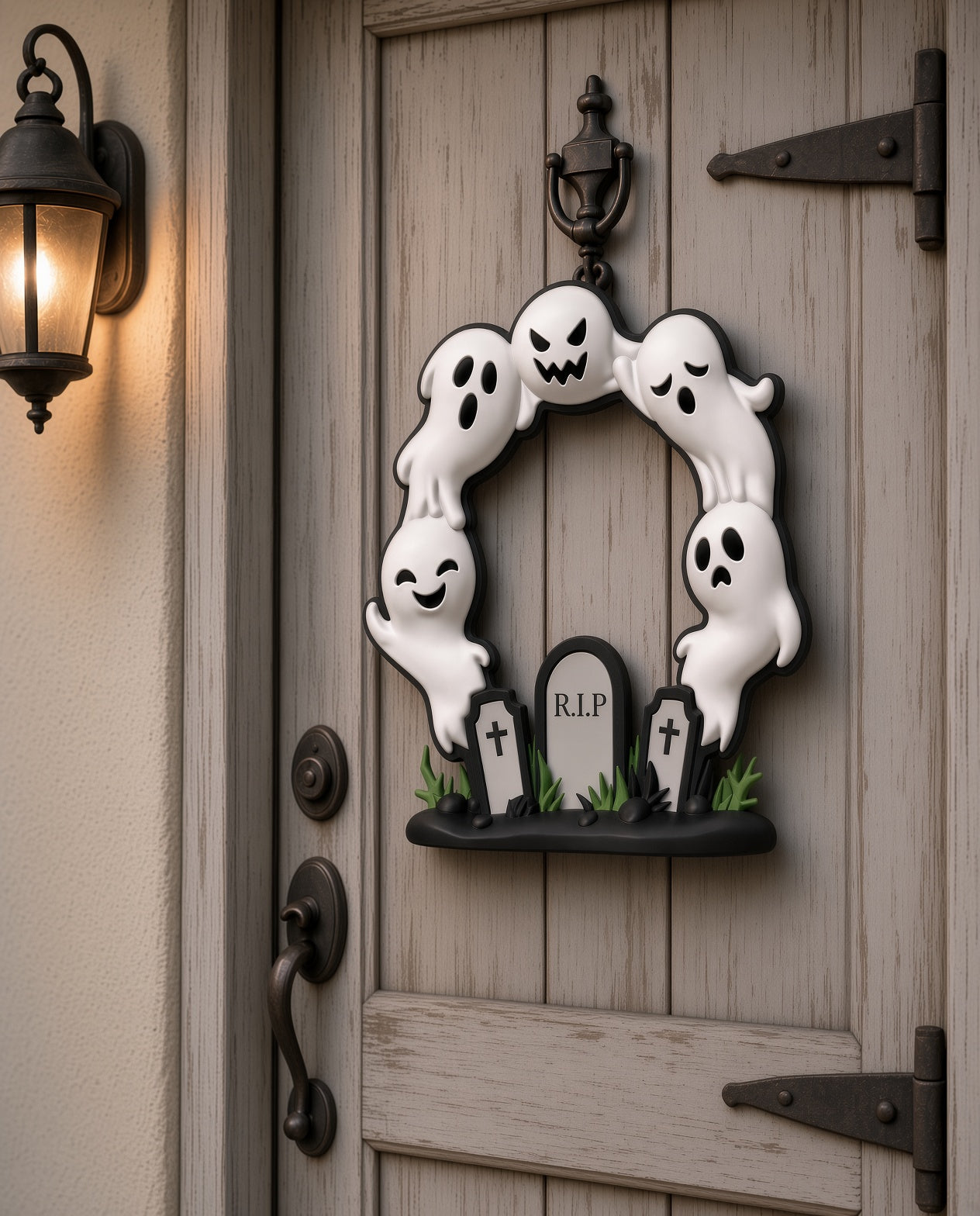 Cute Halloween Ghost Door Wreath – RIP Graveyard with 5 Ghosts