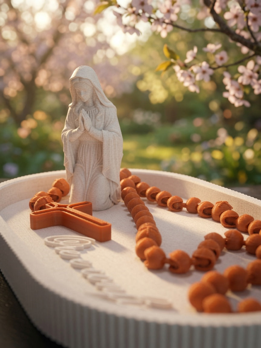 Printed Virgin Mary Rosary Set – “Ore e Confie” Prayer Tray with Kneeling Madonna, Cross & Beads | Catholic Home Decor Gift