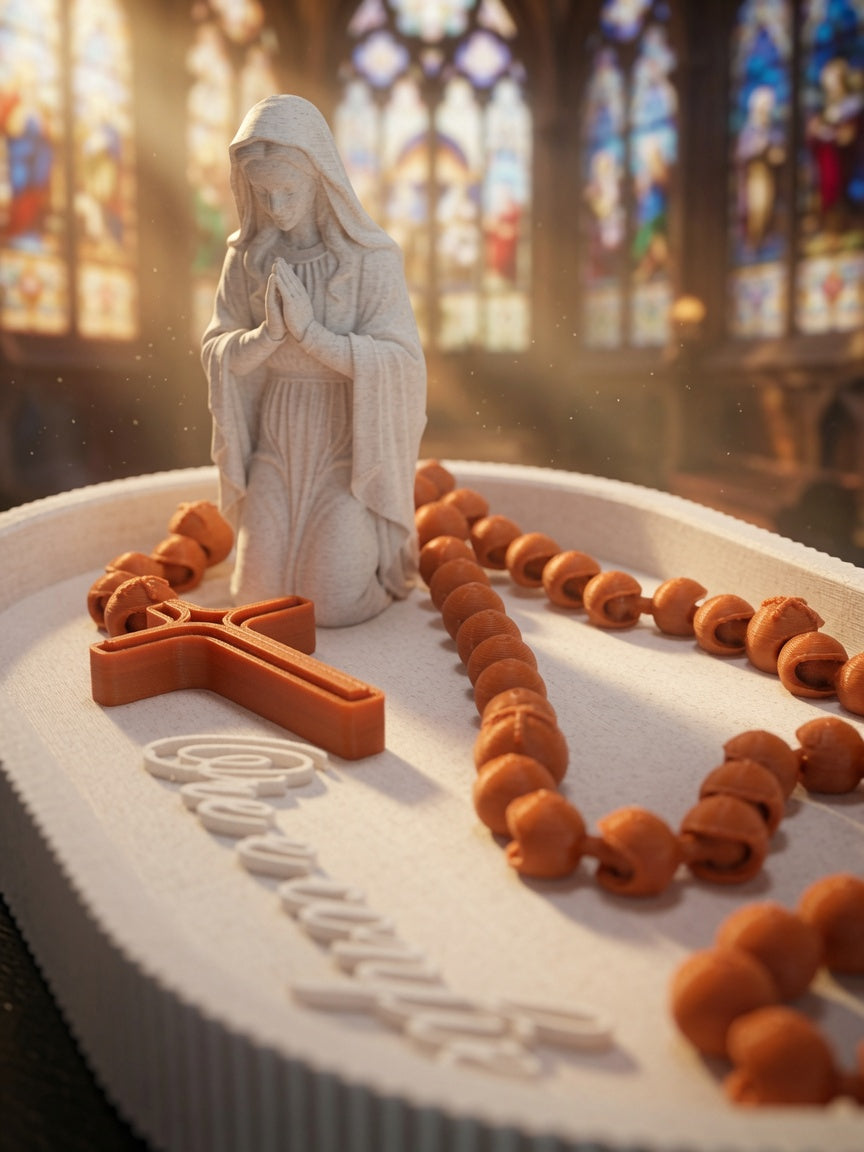 Printed Virgin Mary Rosary Set – “Ore e Confie” Prayer Tray with Kneeling Madonna, Cross & Beads | Catholic Home Decor Gift