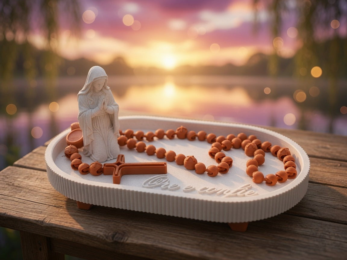 Printed Virgin Mary Rosary Set – “Ore e Confie” Prayer Tray with Kneeling Madonna, Cross & Beads | Catholic Home Decor Gift