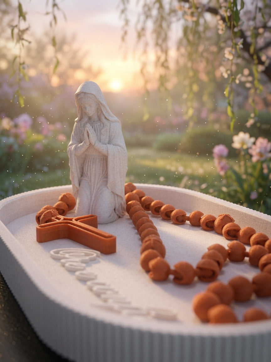 Printed Virgin Mary Rosary Set – “Ore e Confie” Prayer Tray with Kneeling Madonna, Cross & Beads | Catholic Home Decor Gift