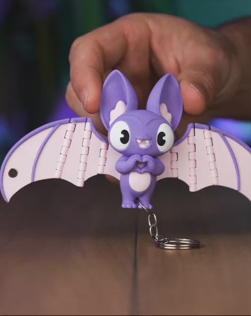 Cute Purple Bat Keychain 3D Printed – Kawaii Heart Hands Articulated Pink Wings – Halloween Bag Charm Desk Decor Collectible Gift PLA