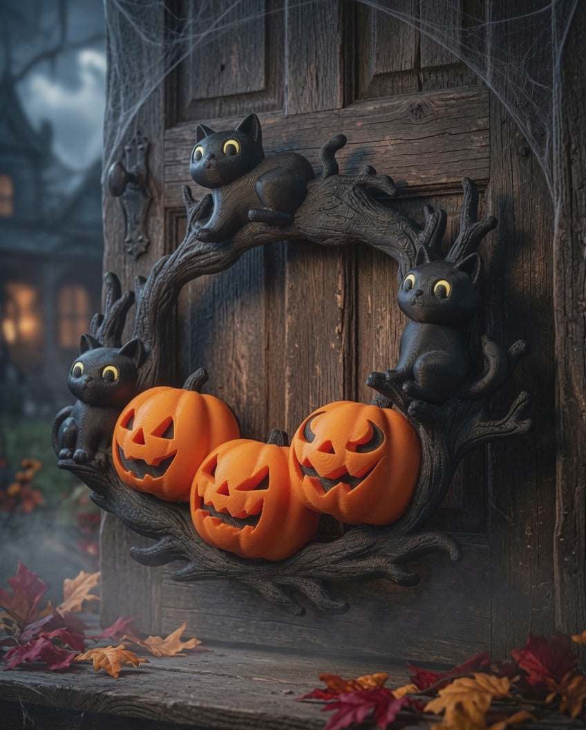 Halloween Wreath with Black Cat and Orange Pumpkin – PLA-Printed Door Decoration