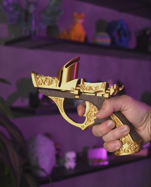 Printed Coin-Shooting Pistol – PLA Plastic Disc-Shooting Toy for Kids and Adults – Fun Accessory for Family Games (Ornate Gold Design)