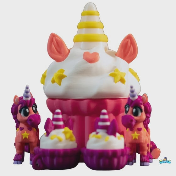 Unicorn Cupcake Surprise - 3D Printed Playset with Unicorns & Click-Click Toy
